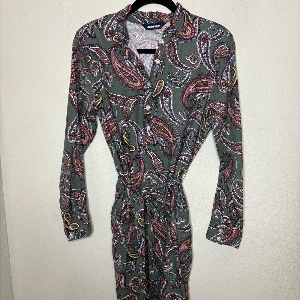 Lands' End Green Paisley Long-Sleeve Shirt Dress Size 12